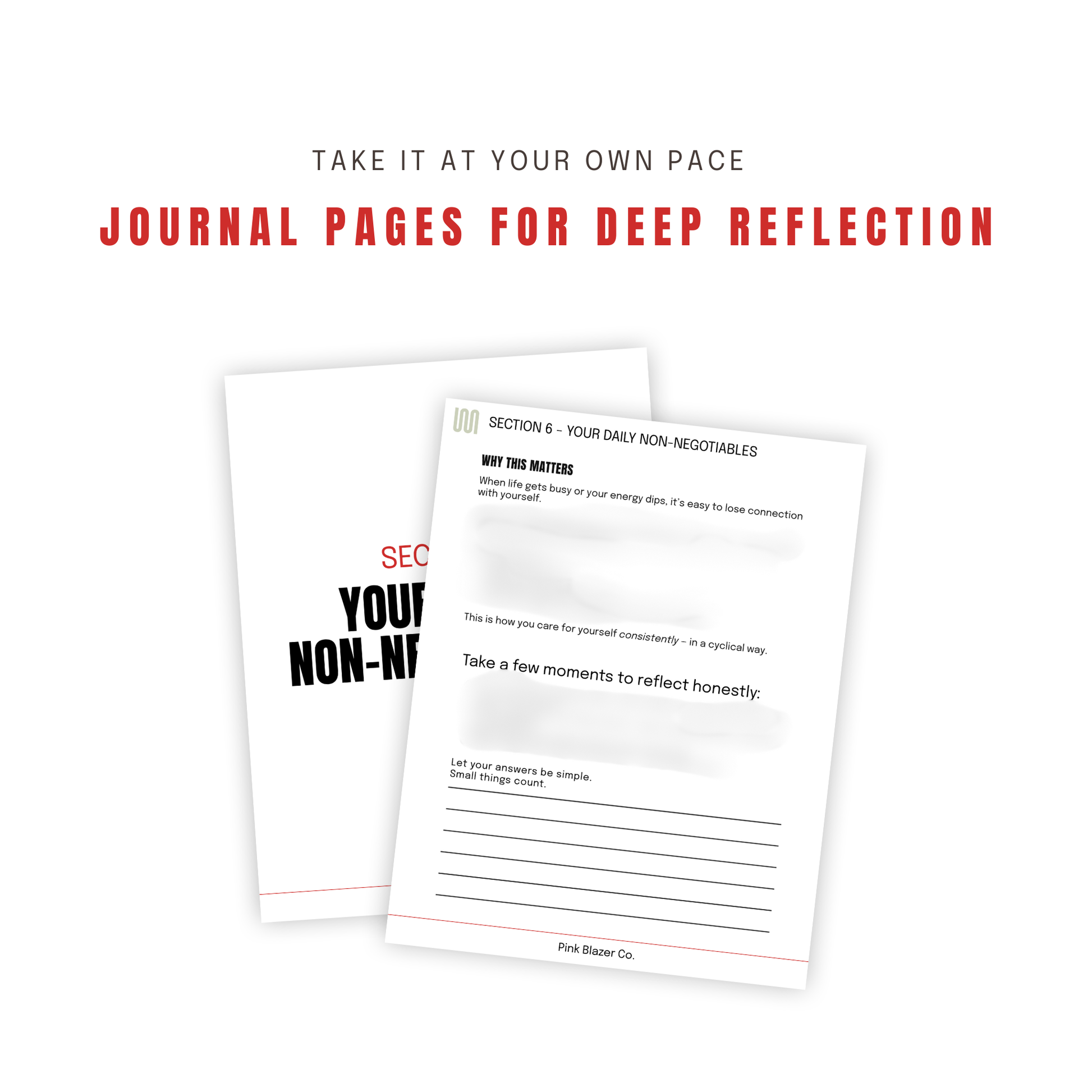 Interior reflection pages from the What Day Is It journal designed for deep reflection and self-trust building.